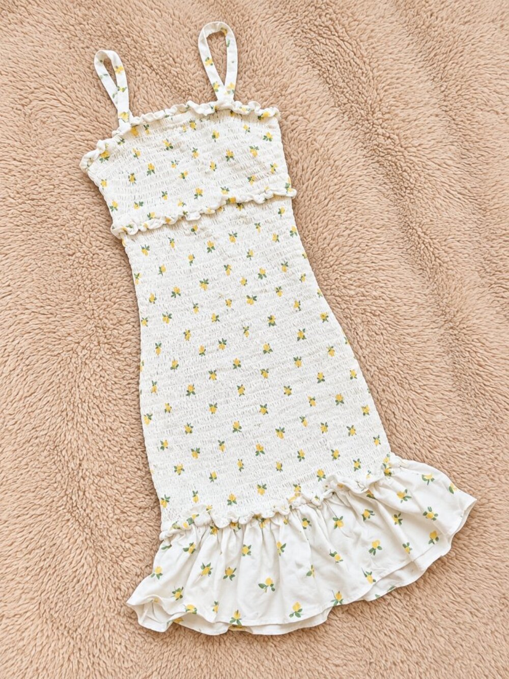 Hollister White Lemon Patterned Ribbed Ruffle Dress
